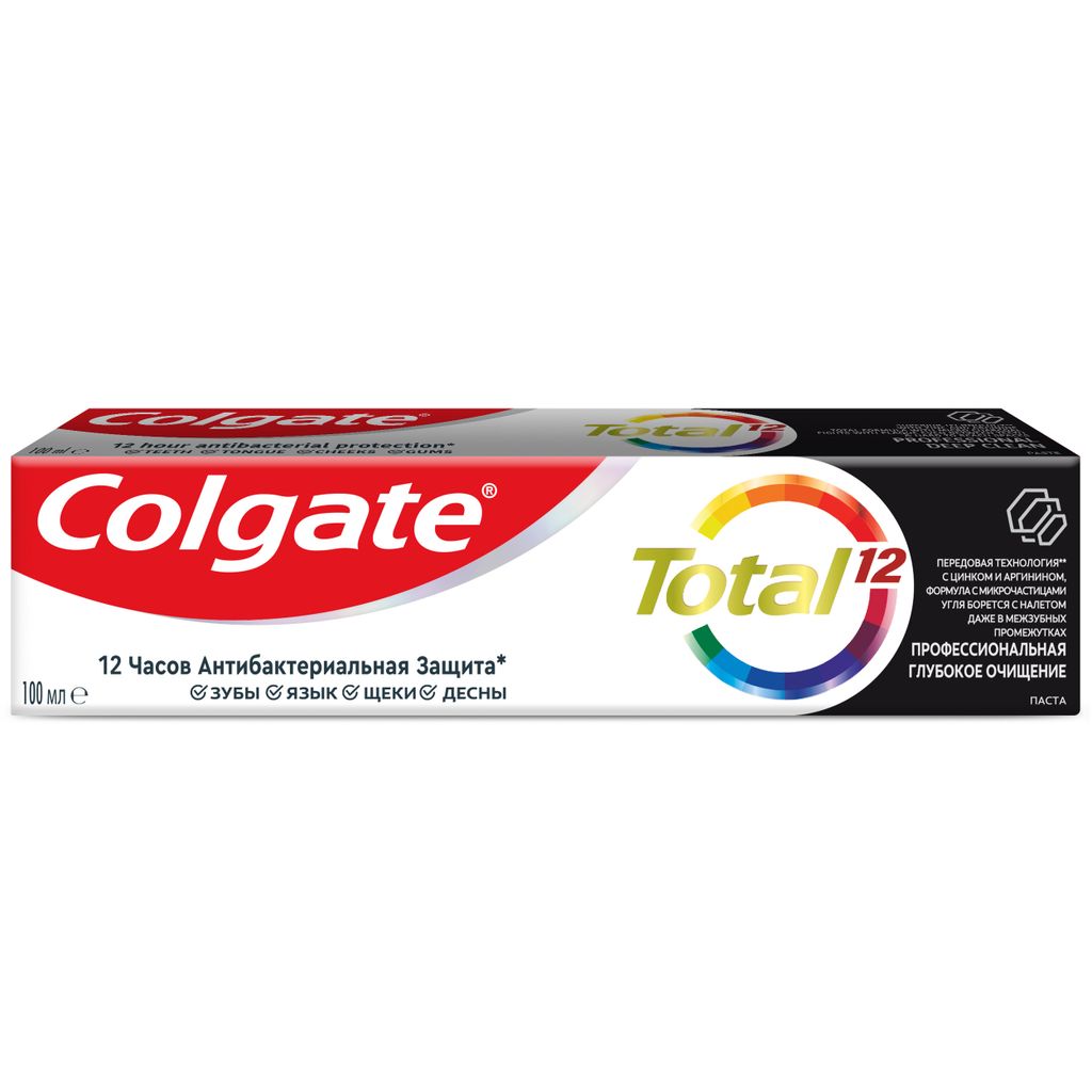 Colgate Паста зубная Total 12 Профессиональная Глубокое Очищение, паста зубная, с древесным углем, 100 мл, 1 шт.
