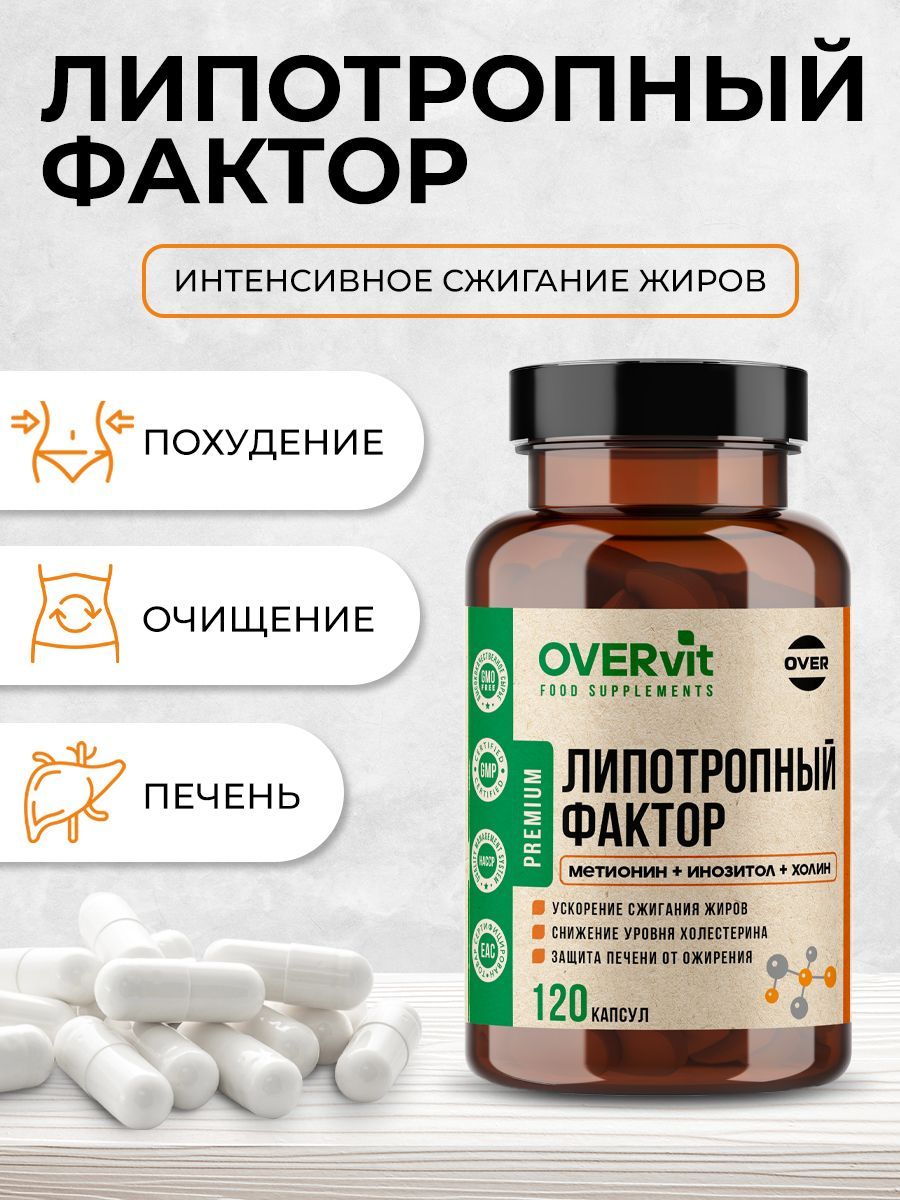 Overvit Липотропный фактор (холин + инозит + метионин), жиросжигатель, витамины для похудения и контроля веса, капсулы, 120 шт.