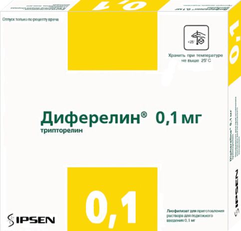 Диферелин, 0.1 мг, лиофилизат для приготовления раствора для подкожного введения, в комплекте с растворителем, 7 шт.