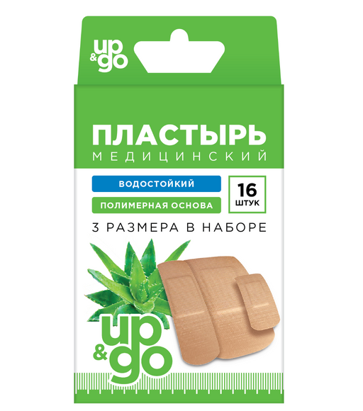 Пластырь водонепроницаемый медицинский UP&GO, 3 размера, пластырь, с алоэ, 16 шт.