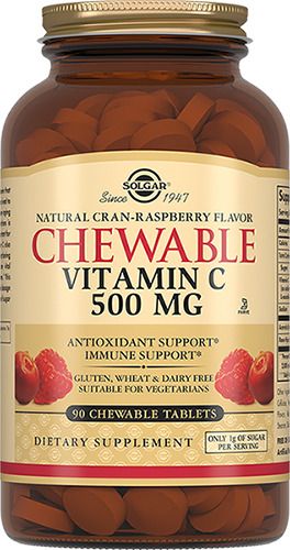 Solgar Витамин C 500 мг с малиновым вкусом, 500 мг, таблетки жевательные, 90 шт.
